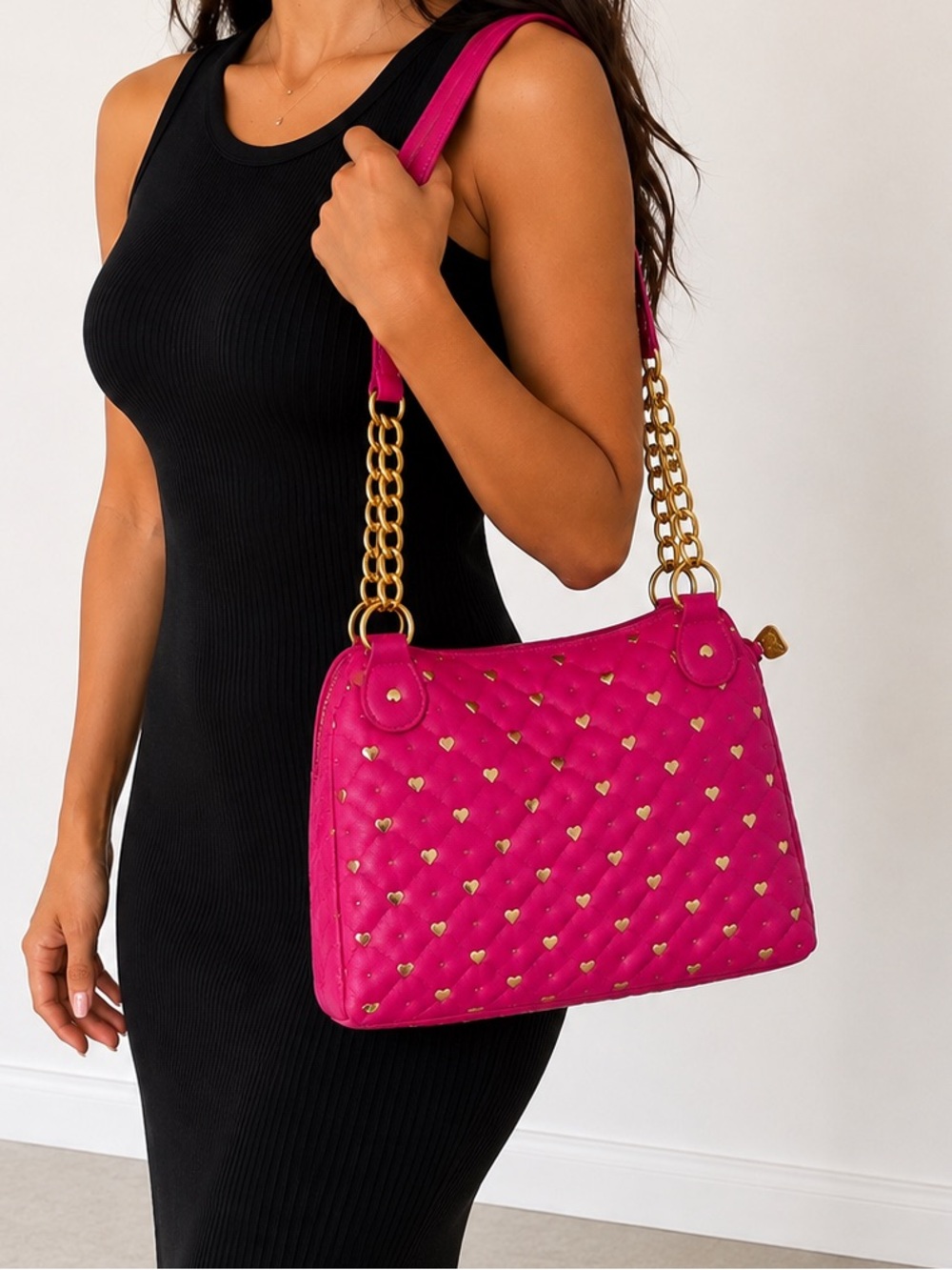Betsey Johnson Hot Pink Quilted Shoulder Bag with Gold Hearts and Chain